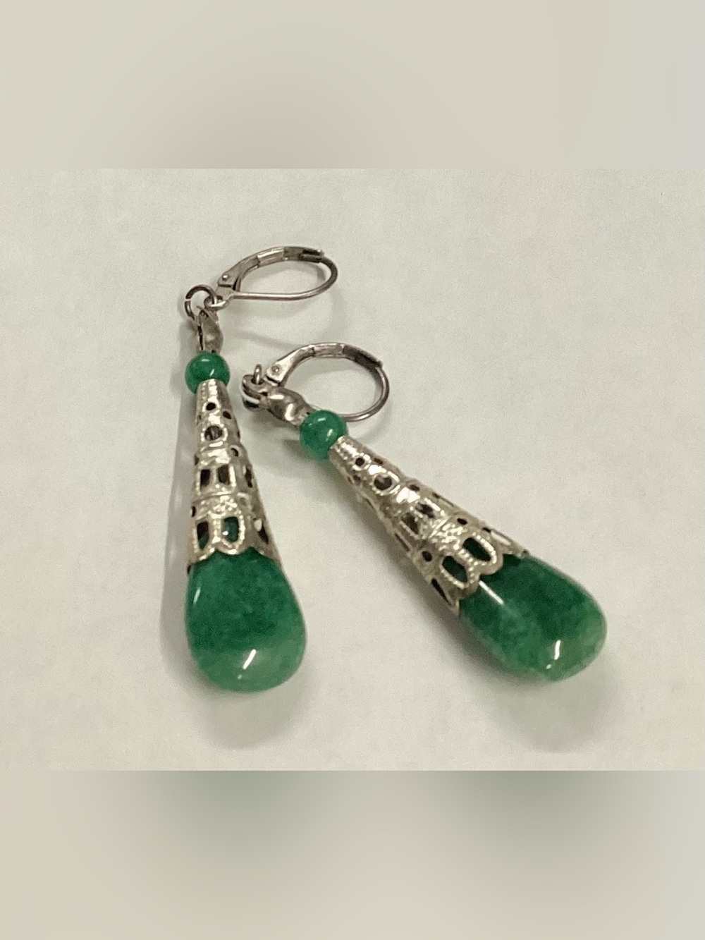 Filigree Drop African Jade Green Teardrop Stone Earrings 🐆 - Picture 2 of 2